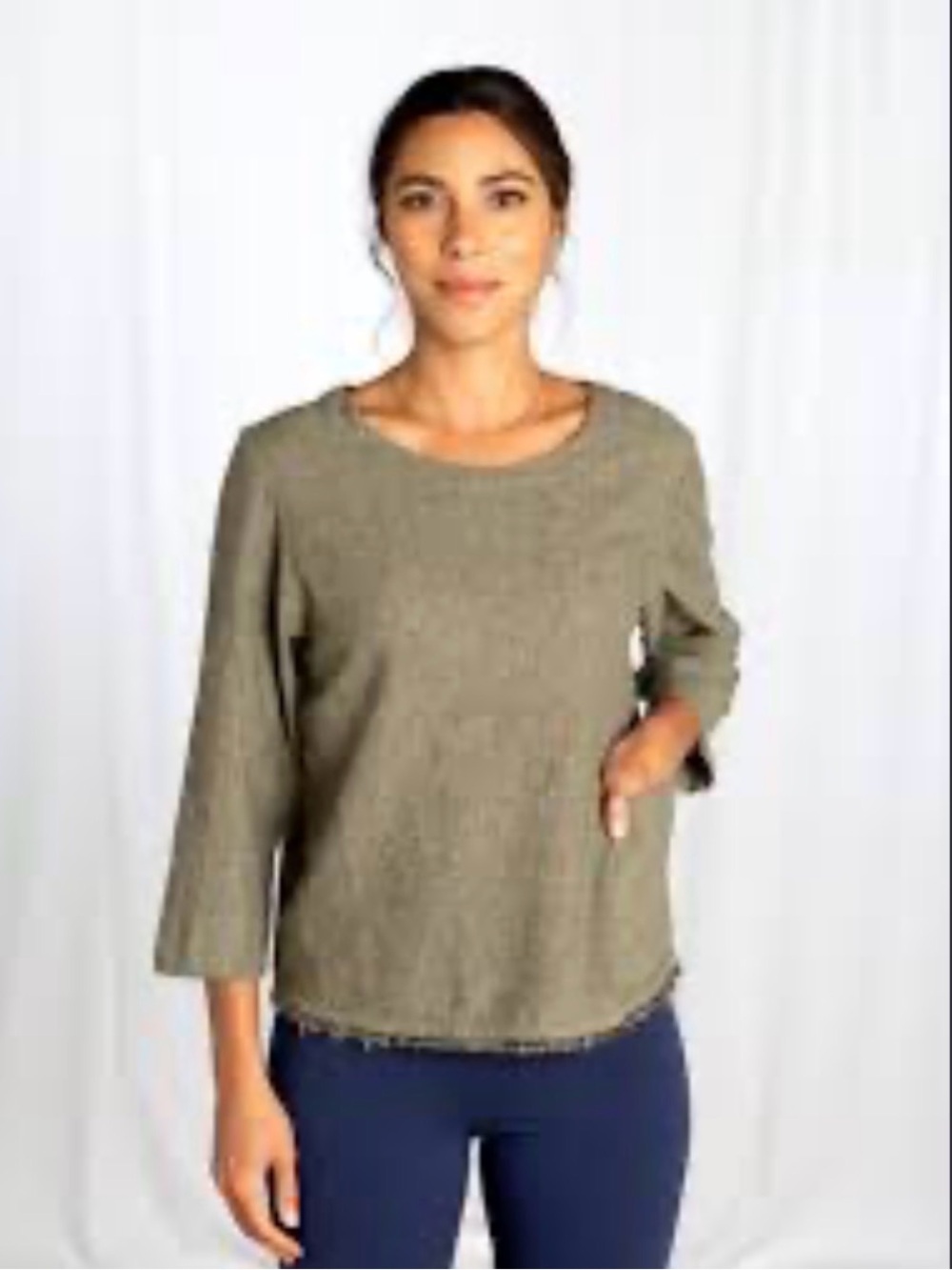 Cut Loose Sage Green Cross Hatch Linen Cotton Fringe Hem Top Medium